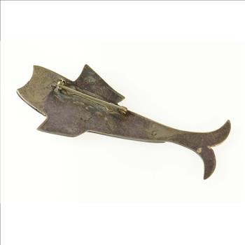 Sterling Silver Carved Wood Antique Fish Bass Fishing Pin/Brooch