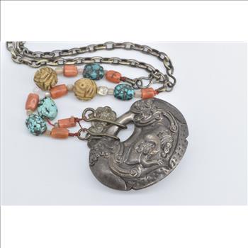 Sterling Silver Coral Turquoise Mangalsutra Ornate Necklace 16.75