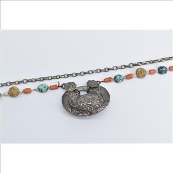 Sterling Silver Coral Turquoise Mangalsutra Ornate Necklace 16.75