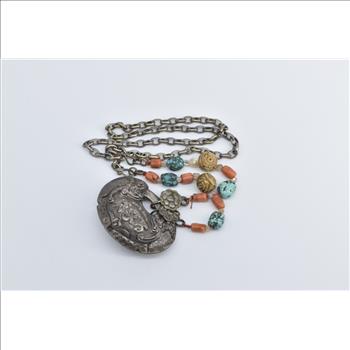 Sterling Silver Coral Turquoise Mangalsutra Ornate Necklace 16.75