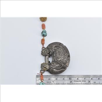 Sterling Silver Coral Turquoise Mangalsutra Ornate Necklace 16.75