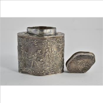 Sterling Silver Dutch Celebration Scene Ornate Tea Caddy