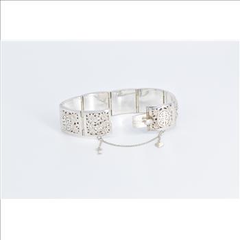 Sterling Silver Elaborate Chinese Filigree Hinged Bangle Bracelet 6.5