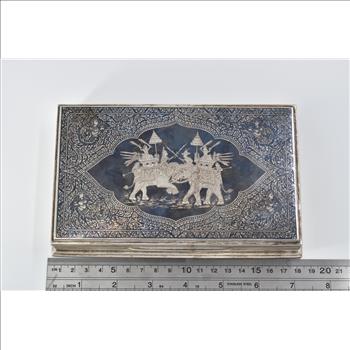 Sterling Silver Elaborate Siamese Elephant Battle Scene Wood Lined Box