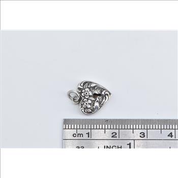 Sterling Silver Floral Heart Puffy Locket Forget Me Not Love Charm/Pendant
