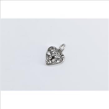 Sterling Silver Floral Heart Puffy Locket Forget Me Not Love Charm/Pendant