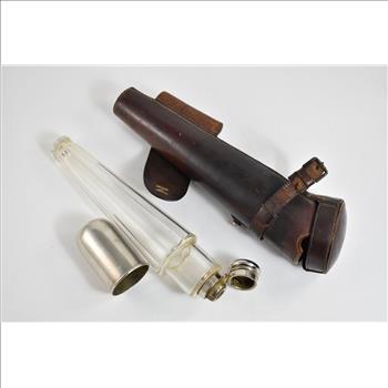 Sterling Silver Glass Decanter Flask With Leather Case