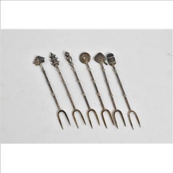 Sterling Silver Japanese Motif Travel Hors D'oeuvres Fork Set (6 pcs)