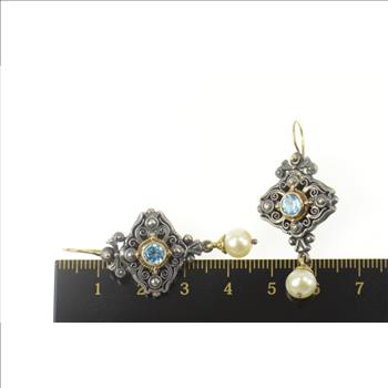 Sterling Silver Konstantino Designer Blue Topaz Pearl Dangle Earrings