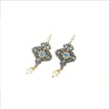 Sterling Silver Konstantino Designer Blue Topaz Pearl Dangle Earrings
