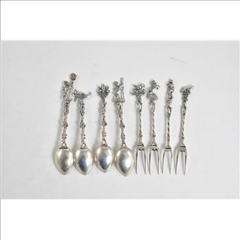 Sterling Silver Lion Statue Hors D'oeuvres Demitasse Spoon Set (8 pcs)
