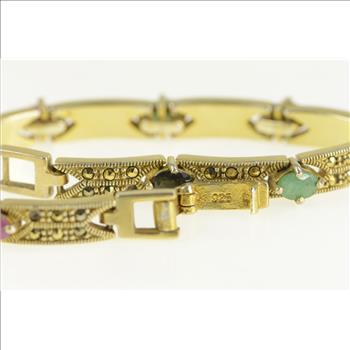 Sterling Silver Marcasite Syn. Ruby Syn. Emerald Bar Bracelet 7.25