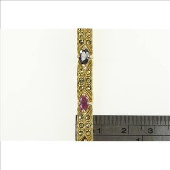 Sterling Silver Marcasite Syn. Ruby Syn. Emerald Bar Bracelet 7.25