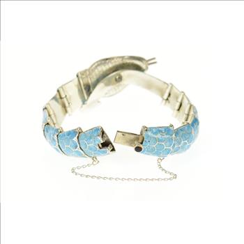 Sterling Silver Melesio Villarreal Taxco Enamel Ornate Snake Bracelet 6.75
