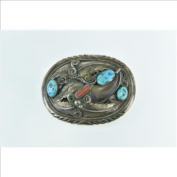Sterling Silver Mike Thomas Jr Navajo Coral Turquoise Belt Buckle