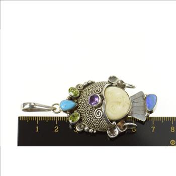 Sterling Silver Moon Face Black Opal Turquoise Peridot Ornate Pendant