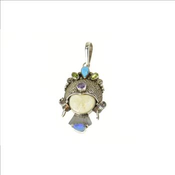 Sterling Silver Moon Face Black Opal Turquoise Peridot Ornate Pendant