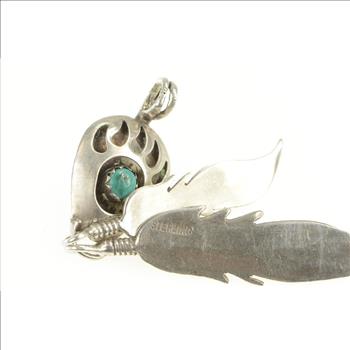 Sterling Silver Native American Bear Claw Turquoise Feather Pendant