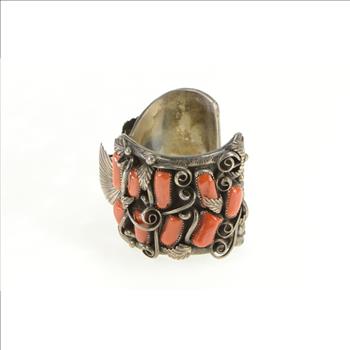 Sterling Silver Navajo Coral Jerry Wilma Begay Watch Cuff Bracelet 8.5