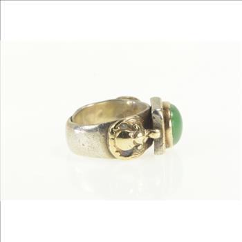 Sterling Silver Ornate Chinese Green Chalcedony 18k Two Tone Ring, Size 8.25