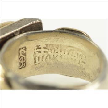 Sterling Silver Ornate Chinese Green Chalcedony 18k Two Tone Ring, Size 8.25