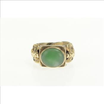 Sterling Silver Ornate Chinese Green Chalcedony 18k Two Tone Ring, Size 8.25