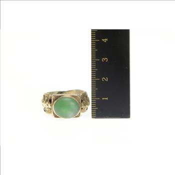 Sterling Silver Ornate Chinese Green Chalcedony 18k Two Tone Ring, Size 8.25