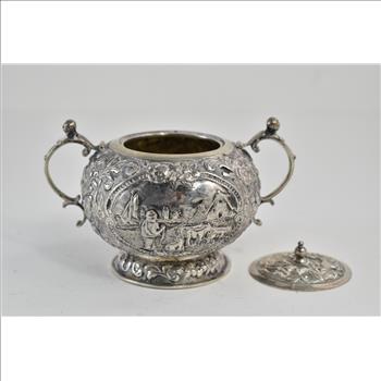 Sterling Silver Ornate Dutch Repousse Antique Sugar Bowl