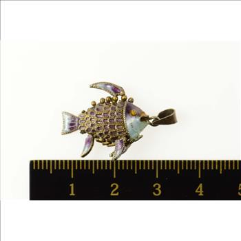 Sterling Silver Ornate Enamel Articulated Fish Statement Charm/Pendant