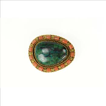 Sterling Silver Ornate Green Eilat Coral Oval Statement Pendant/Pin