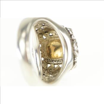 Sterling Silver Ornate Rococo Swirl Domed 14k Gold Filigree Ring, Size 9