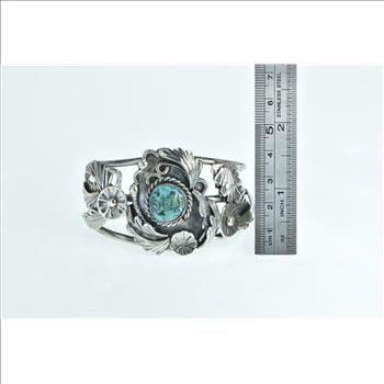 Sterling Silver Ornate Turquoise Southwestern Feather Cuff Bracelet 6.75