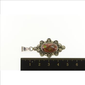Sterling Silver Oval Cantera Opal Cabochon Ornate Statement Pendant