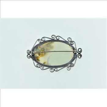 Sterling Silver Oval Moss Agate Scroll Filigree Statement Pin/Brooch