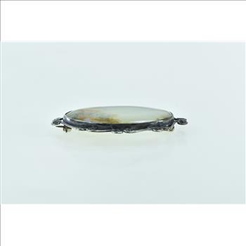 Sterling Silver Oval Moss Agate Scroll Filigree Statement Pin/Brooch