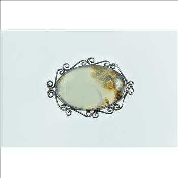 Sterling Silver Oval Moss Agate Scroll Filigree Statement Pin/Brooch