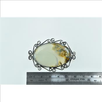 Sterling Silver Oval Moss Agate Scroll Filigree Statement Pin/Brooch