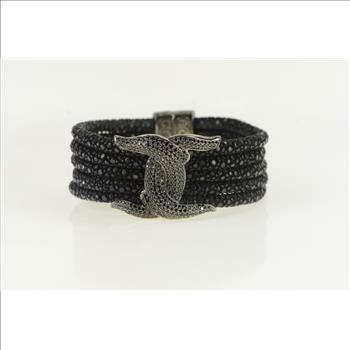 Sterling Silver Pave Black Diamond Knot Layered Band Bracelet 6.5