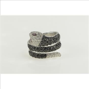 Sterling Silver Pave Black & White CZ Snake Serpent Snake Ring, Size 8.5