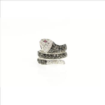 Sterling Silver Pave Black White CZ Syn. Ruby Snake Serpent Ring, Size 5.75