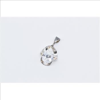 Sterling Silver Pear Solitaire Scalloped Vintage Statement CZ Pendant