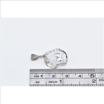 Sterling Silver Pear Solitaire Scalloped Vintage Statement CZ Pendant