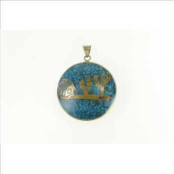Sterling Silver Peruvian Turquoise Chip Inlay Domed Pendant