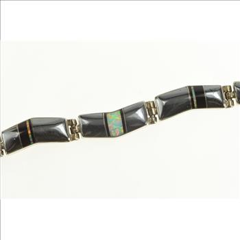 Sterling Silver S Tso Navajo Hematite Onyx Opal Zig Zag Bracelet 6.75