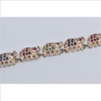 Sterling Silver Sapphire Ruby Emerald Encrusted Elephant Bracelet 7.5