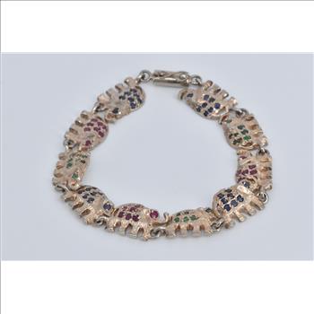 Sterling Silver Sapphire Ruby Emerald Encrusted Elephant Bracelet 7.5