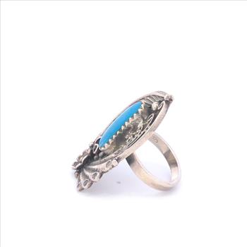 Sterling Silver Southwestern Feather Vine Turquoise Swirl Ring, Size 8