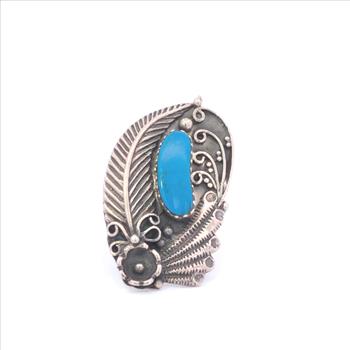 Sterling Silver Southwestern Feather Vine Turquoise Swirl Ring, Size 8