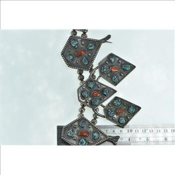 Sterling Silver Southwestern Turquoise Coral Squash Blossom Necklace 28