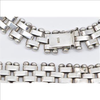 Sterling Silver Squared Chain Link Banded Statement Bib Necklace 17.25